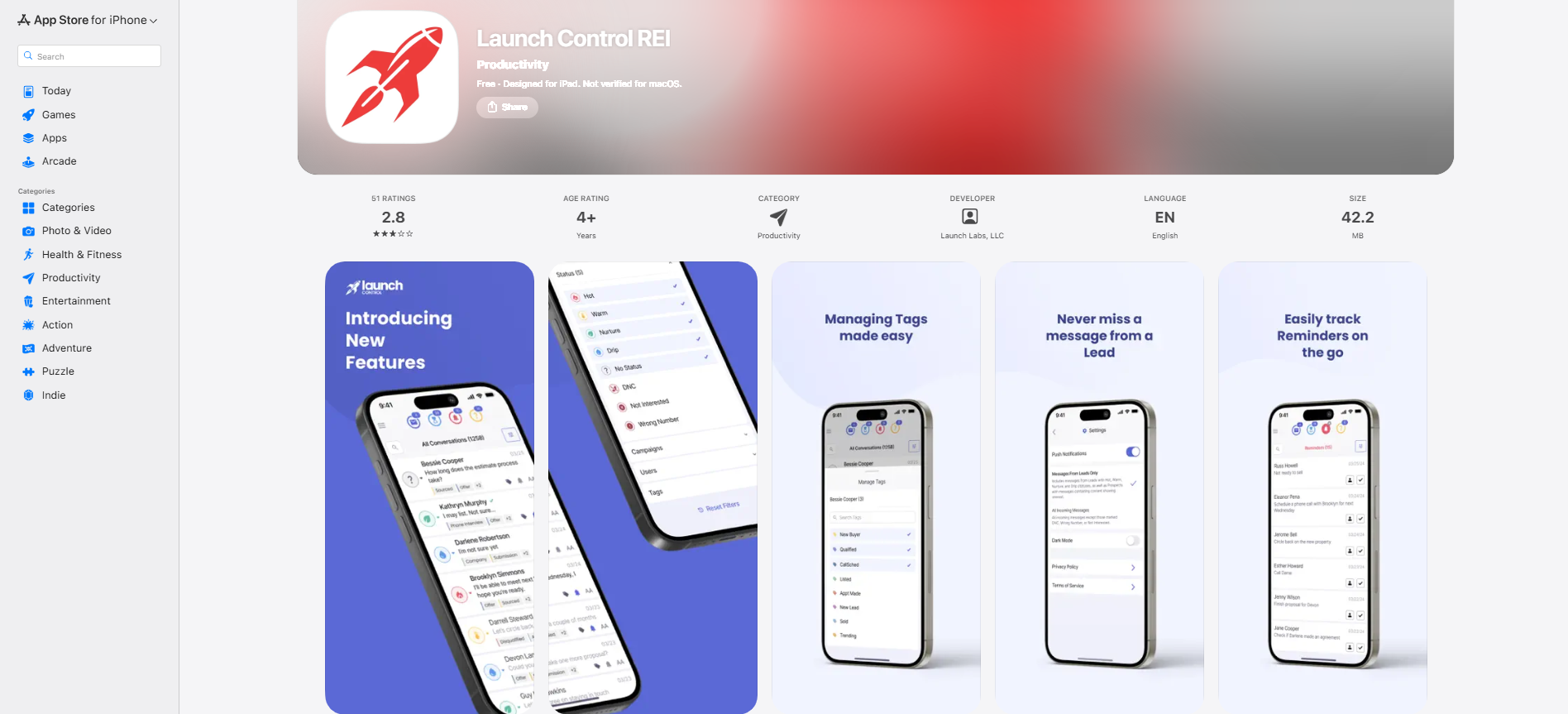 Launch Control iOS App Store page